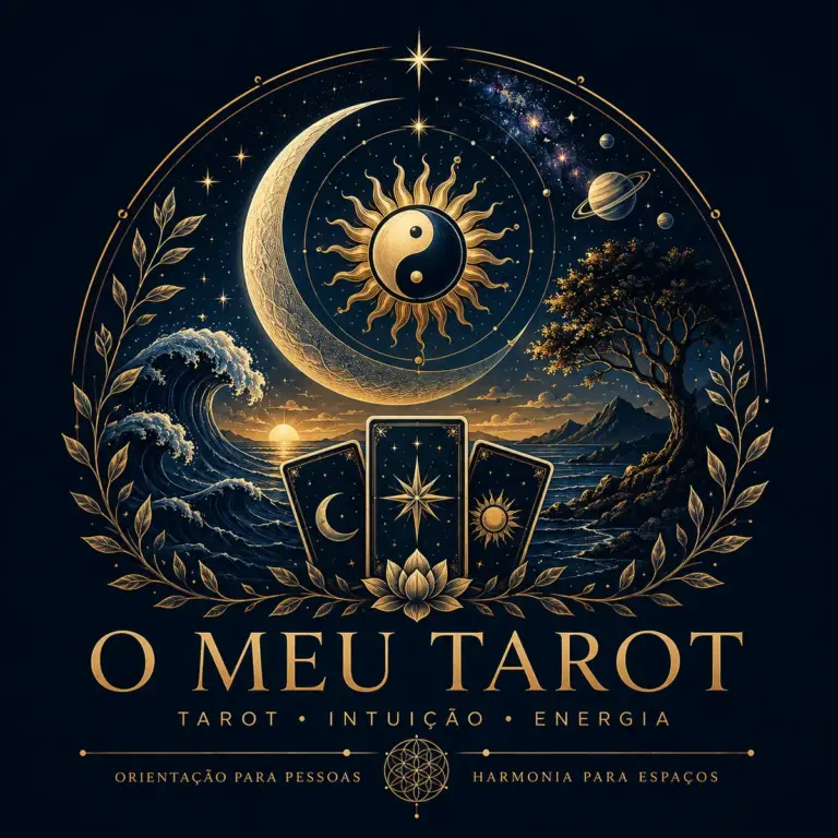 Logótipo d'O Meu Tarot: lua, sol com yin-yang, mar, árvore e três cartas de Tarot, em dourado sobre azul-noite